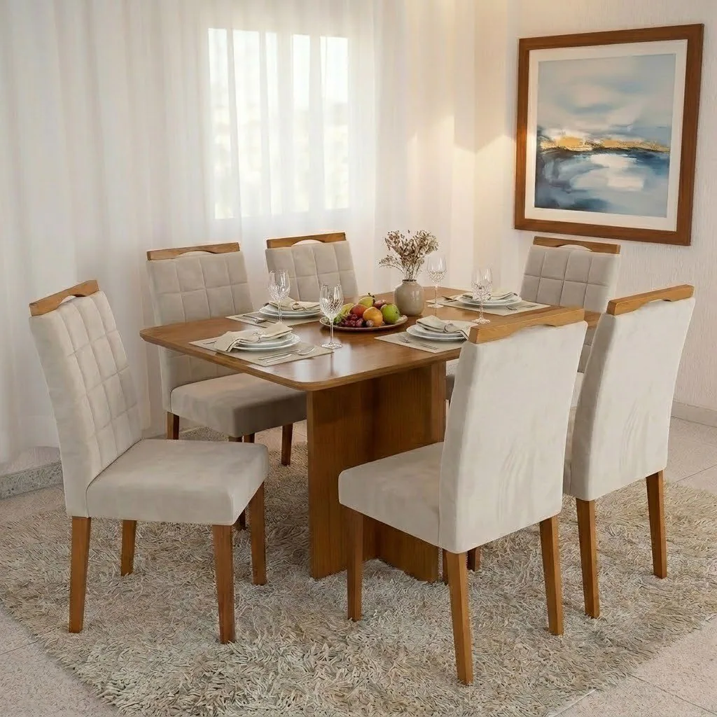 Mesa Salinas 160 (Tampo Londres s/ vidro) Cinamomo com 6 Cadeiras Las Vegas Veludo Bege 01 – CEL MÓVEIS + OURO DECOR