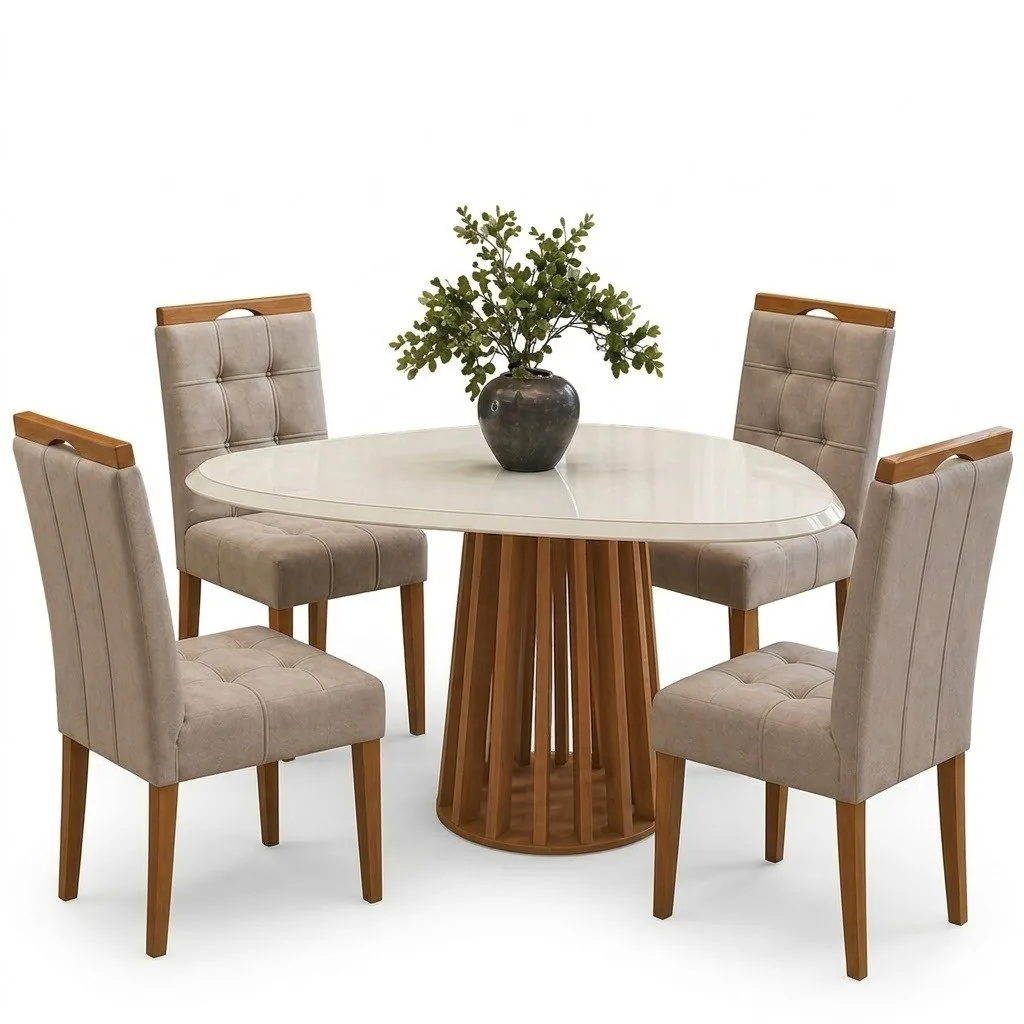 Mesa Lavanda BA45 135 Canela/Off White com 4 Cadeiras Sophia Veludo Bege 100 – KAPPESBERG + WM DECOR