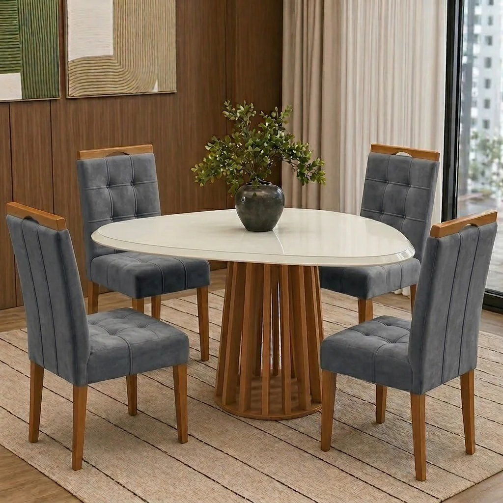 Mesa Lavanda BA45 135 Canela/Off White com 4 Cadeiras Sophia Veludo Cinza Grafite 102 – KAPPESBERG + WM DECOR