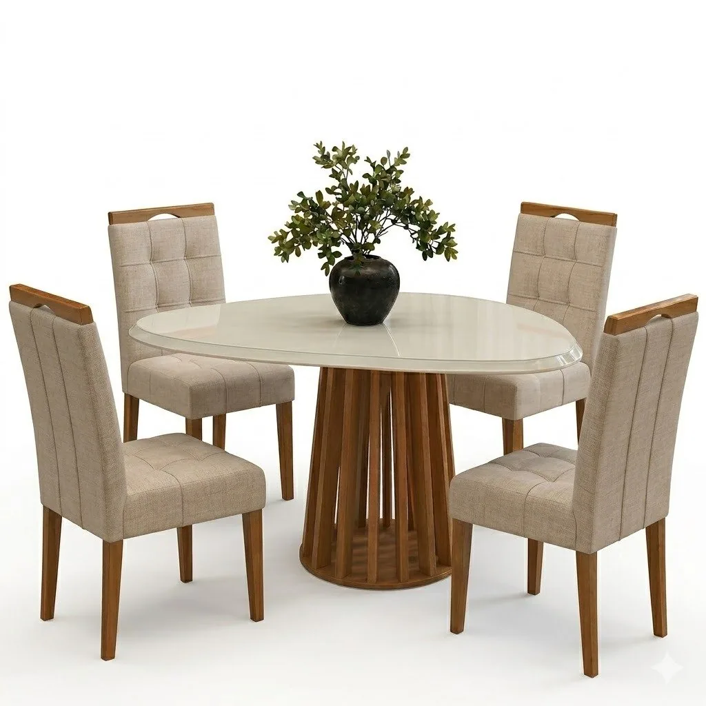 Mesa Lavanda BA45 135 Canela/Off White com 4 Cadeiras Sophia Linho Bege 200 – KAPPESBERG + WM DECOR