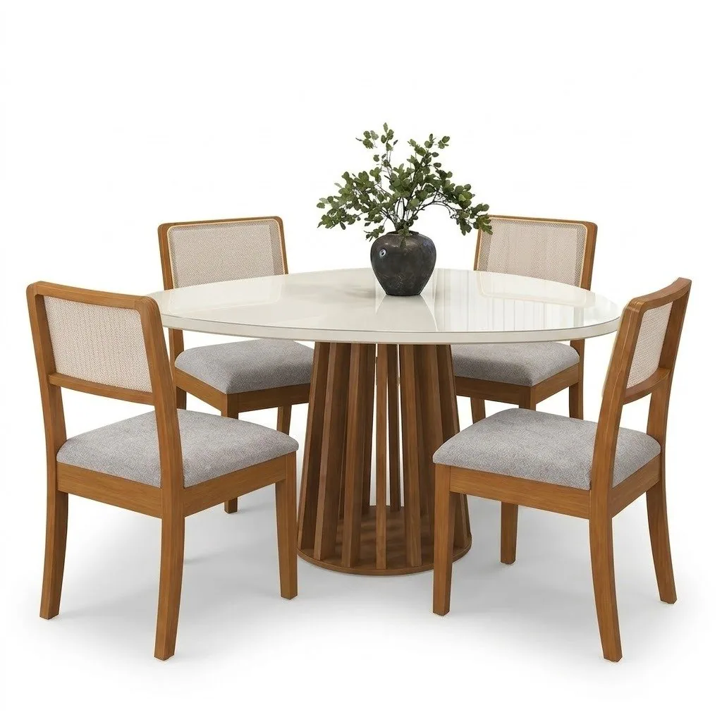 Mesa Lavanda BA45 135 Canela/Off White com 4 Cadeiras Lola 2CMM004CA Linho Gelo A077A – KAPPESBERG