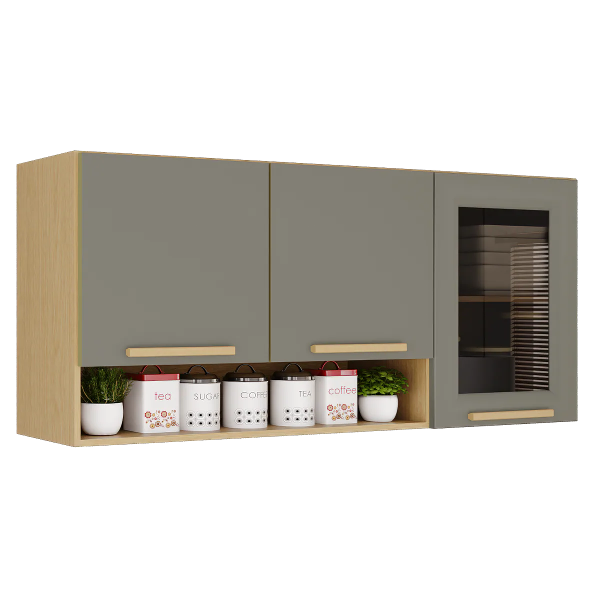 Armário Aéreo 3 portas Vidro Fumê New Valência Jequitibá/Granizo – SALLÊTO