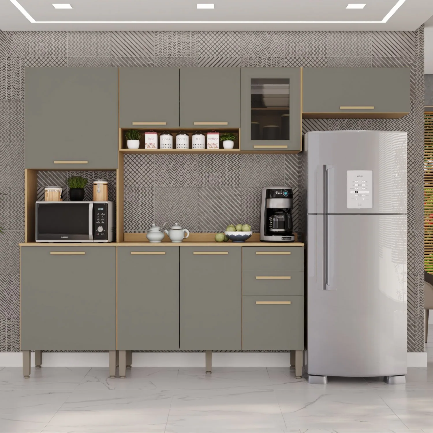Cozinha Completa New Valência (Vidro fumê) Jequitibá/Granizo – SALLÊTO