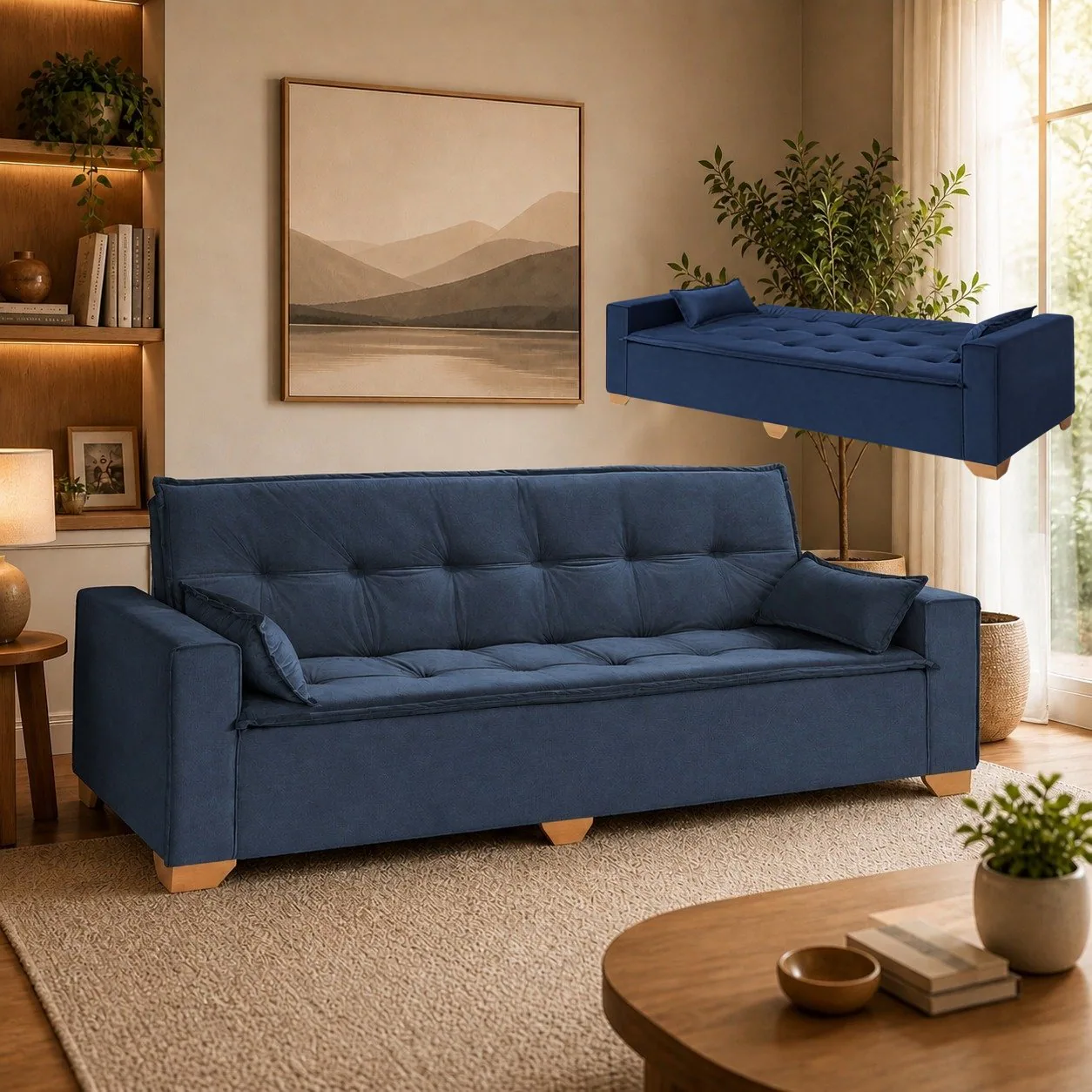 Sofá Cama Canadá 2,18 m Veludo Azul 185 – TOP ESTOFADOS