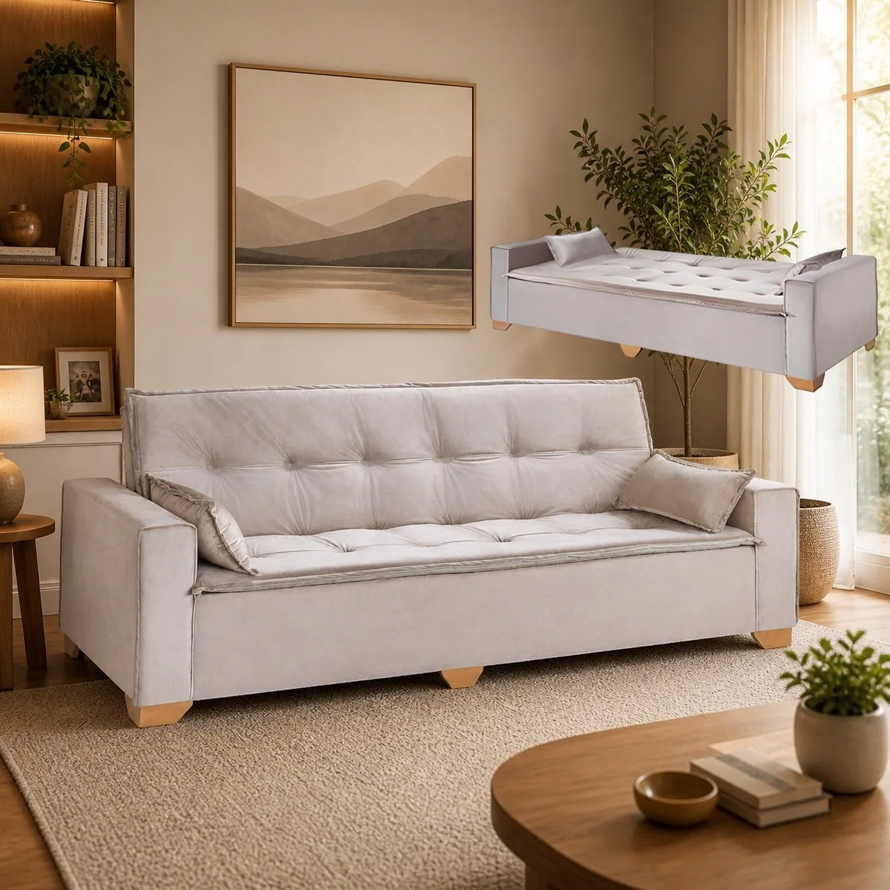 Sofá Cama Canadá 2,18 m Veludo Bege 194 – TOP ESTOFADOS