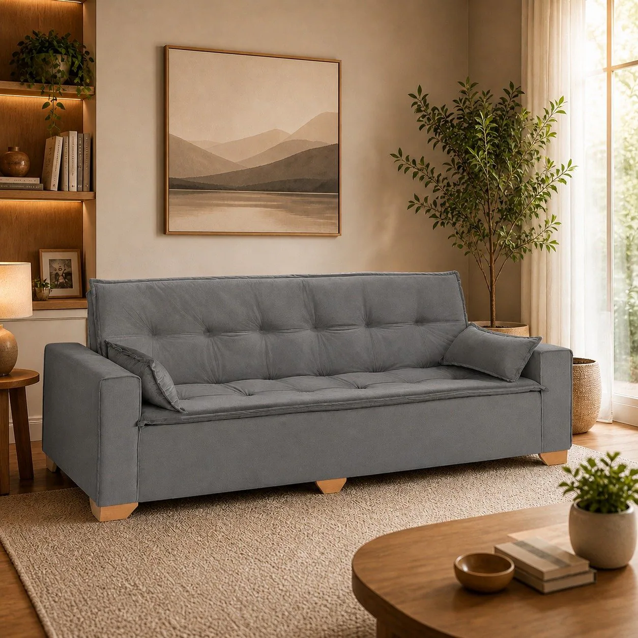 Sofá Cama Canadá 2,18 m Veludo Cinza 195 – TOP ESTOFADOS