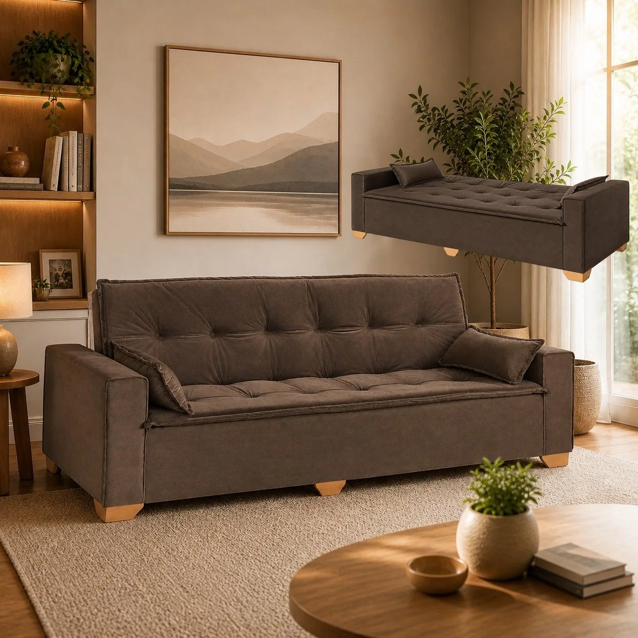 Sofá Cama Canadá 2,18 m Veludo Marrom 193 – TOP ESTOFADOS