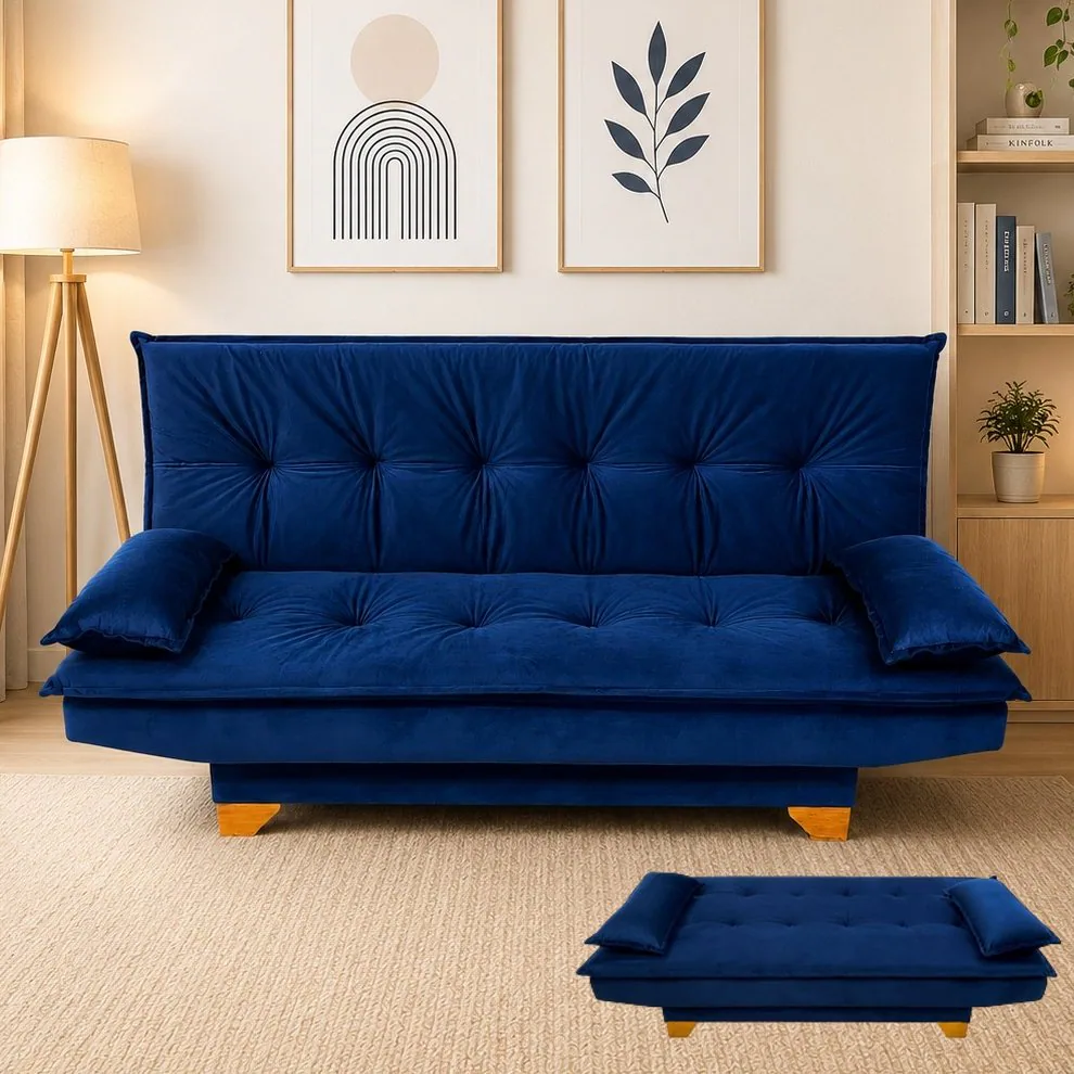 Sofá Cama Veneza 1,88 m Veludo Azul 185 – TOP ESTOFADOS