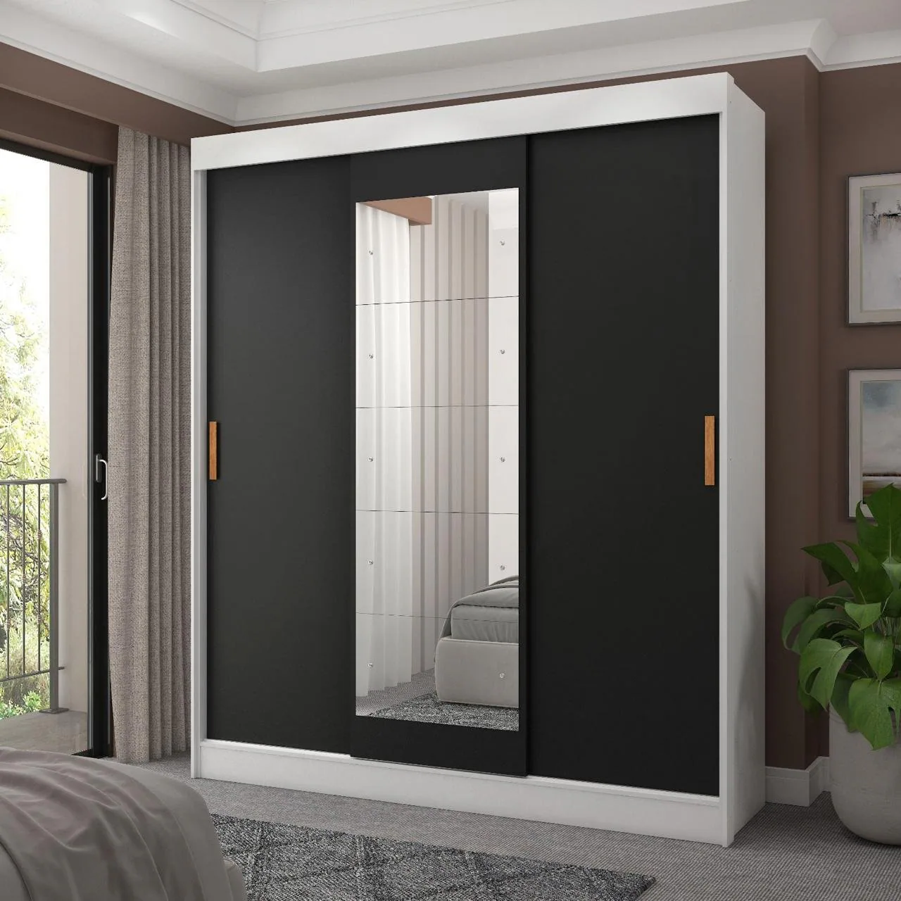 Guarda-Roupa 3 Portas (com espelho) Capri 1,70 m Branco/Preto/Branco – FELLICCI