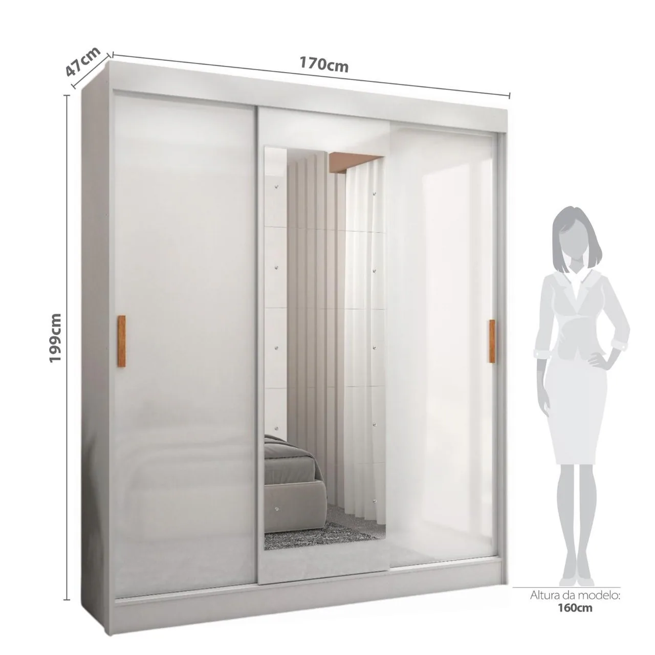 Guarda-Roupa 3 Portas (com espelho) Capri 1,70 m Branco/Preto/Branco – FELLICCI