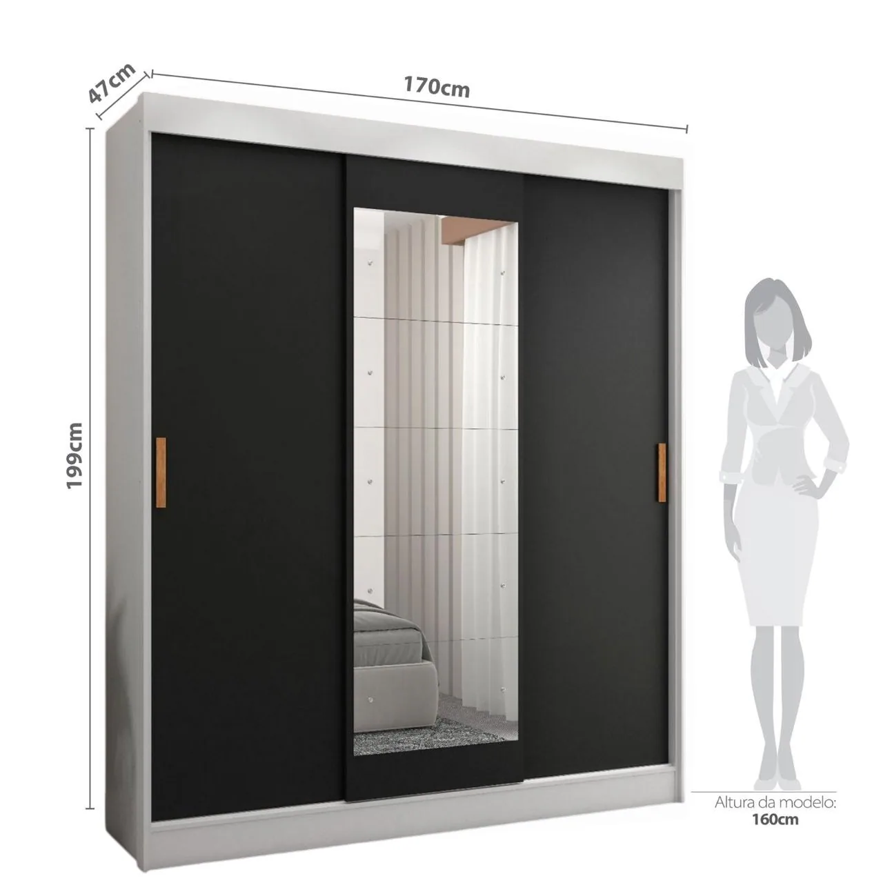 Guarda-Roupa 3 Portas (com espelho) Capri 1,70 m Branco/Preto/Branco – FELLICCI