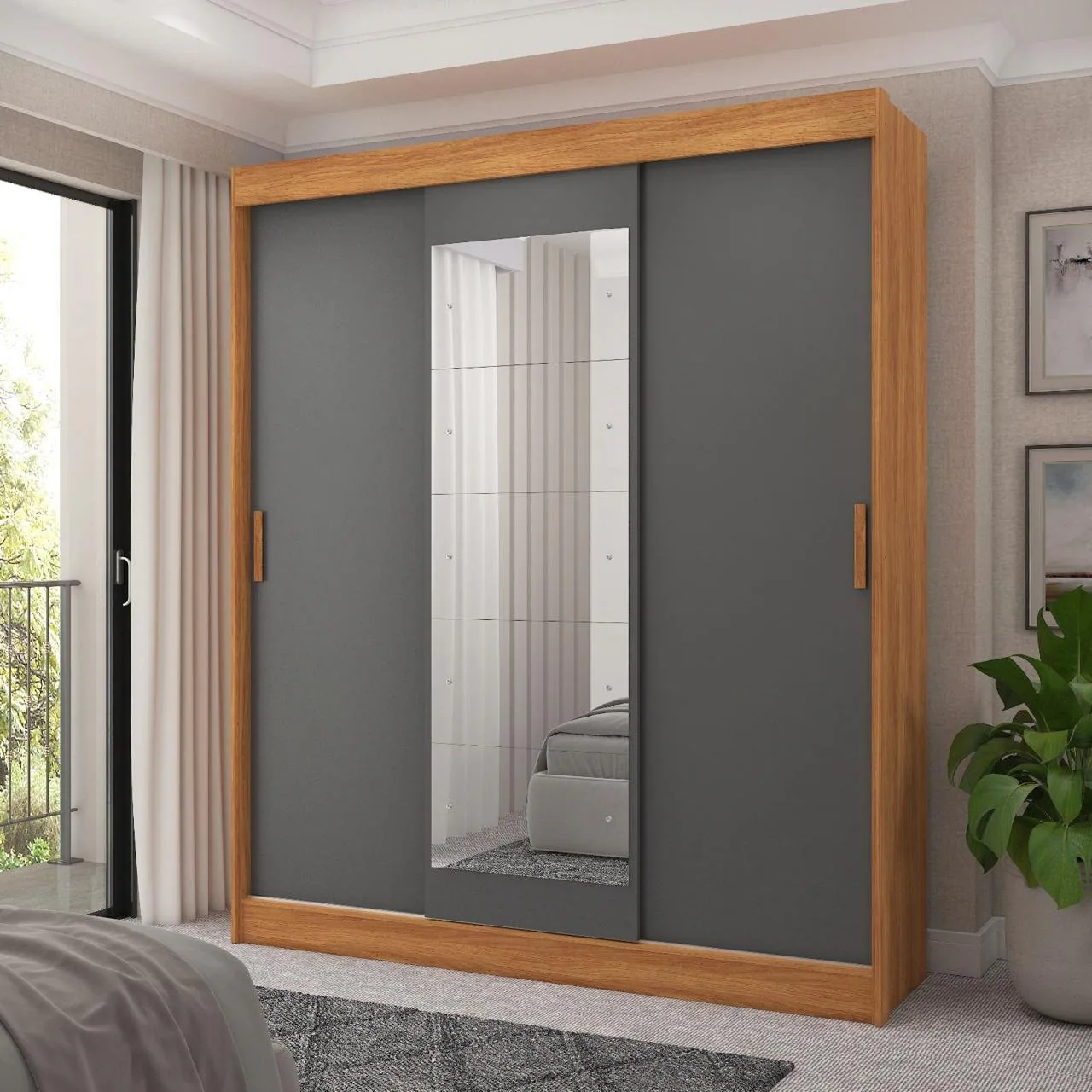 Guarda-Roupa 3 Portas (com Espelho) Capri 1,70 m Cinamomo/Grafite/Off White – FELLICCI