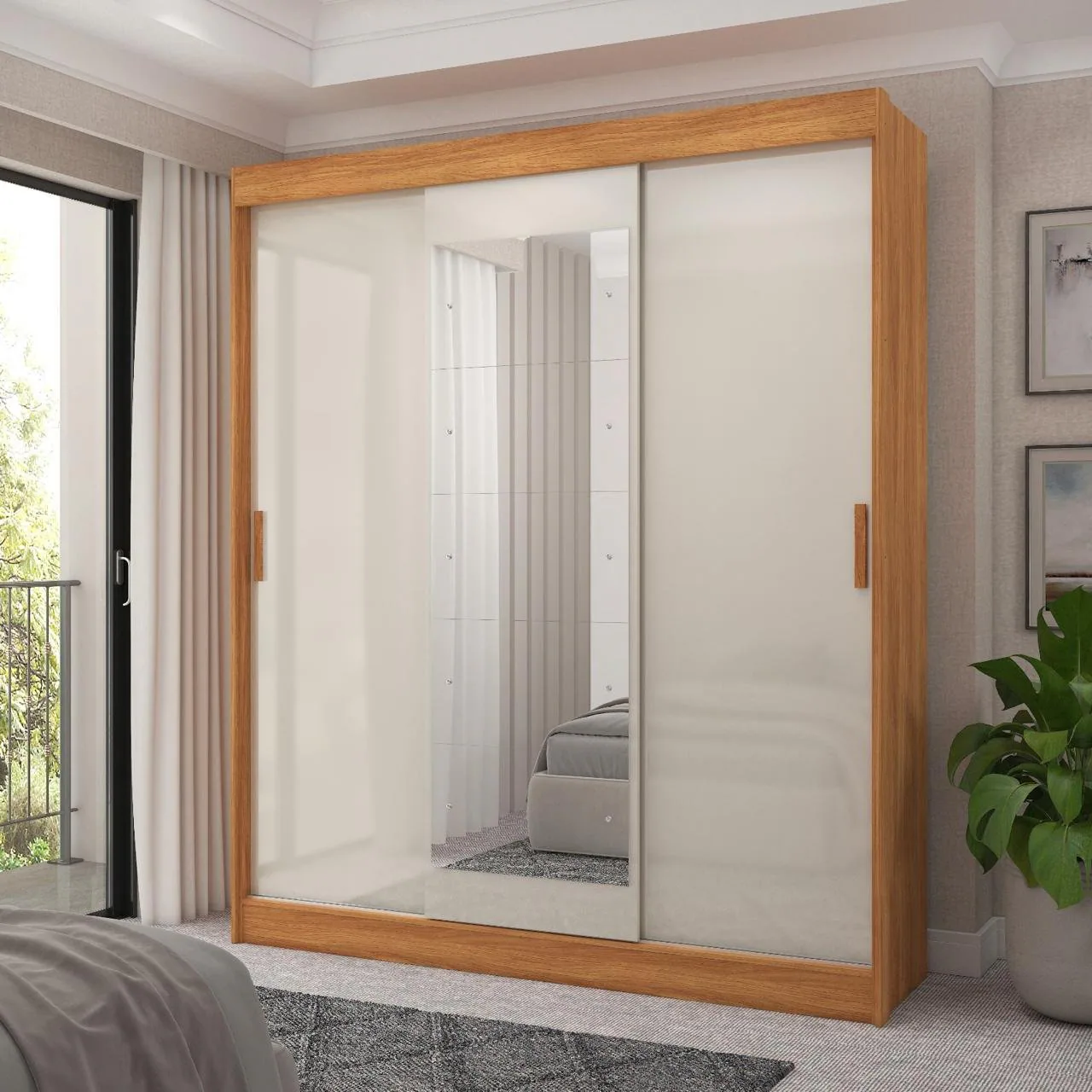 Guarda-Roupa 3 Portas (com Espelho) Capri 1,70 m Cinamomo/Grafite/Off White – FELLICCI