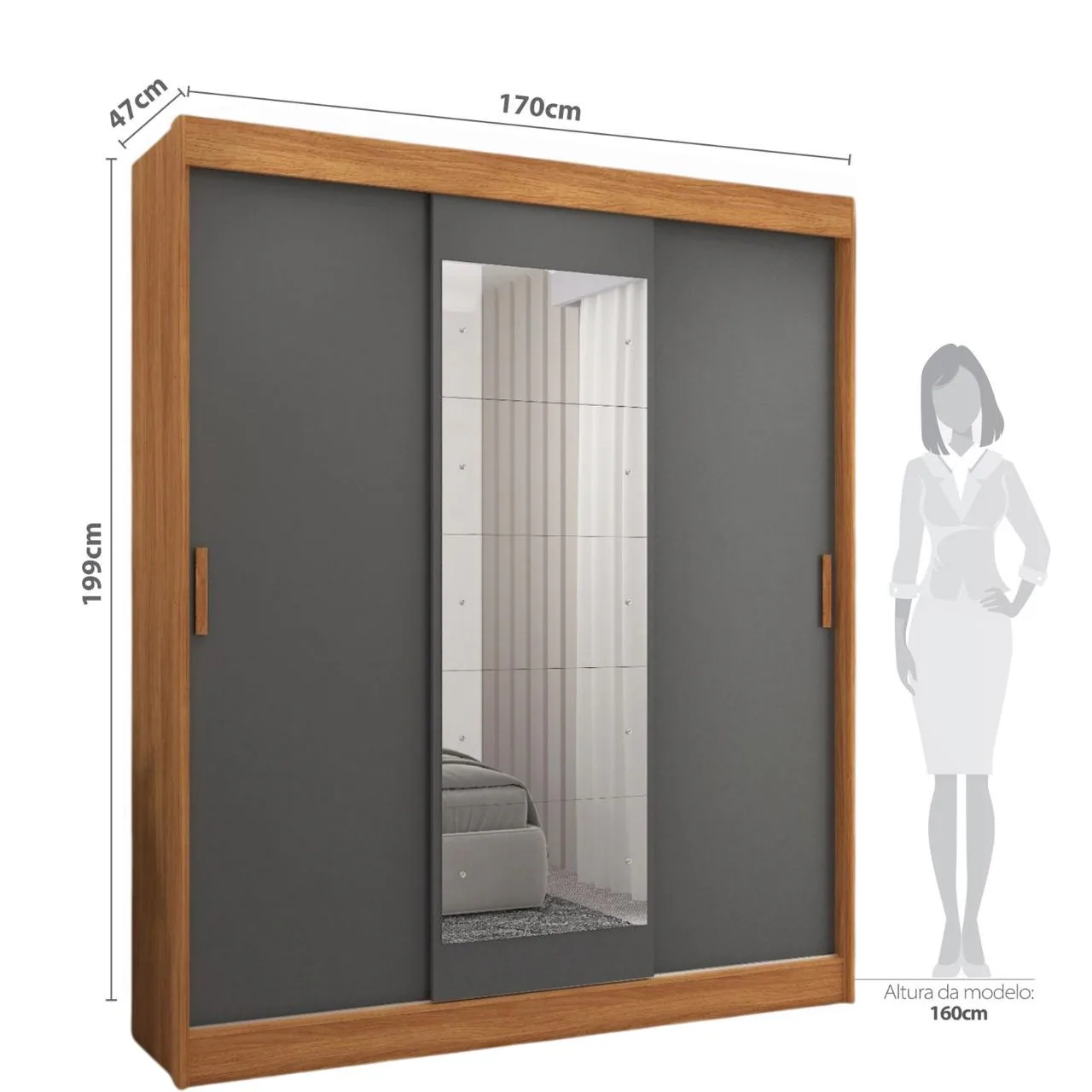 Guarda-Roupa 3 Portas (com Espelho) Capri 1,70 m Cinamomo/Grafite/Off White – FELLICCI