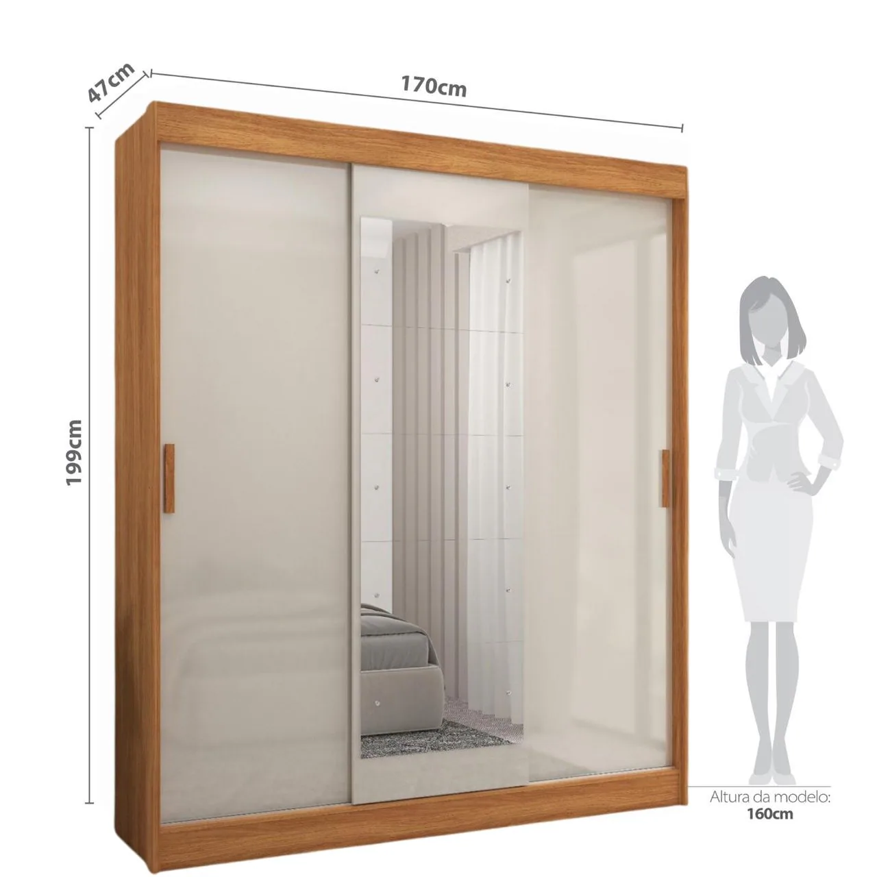 Guarda-Roupa 3 Portas (com Espelho) Capri 1,70 m Cinamomo/Grafite/Off White – FELLICCI
