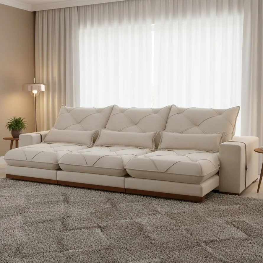 Sofa Retratil e Reclinavel Diamante/Bahia 3,50 m Veludo Bege 200 – PLENA ESTOFADOS