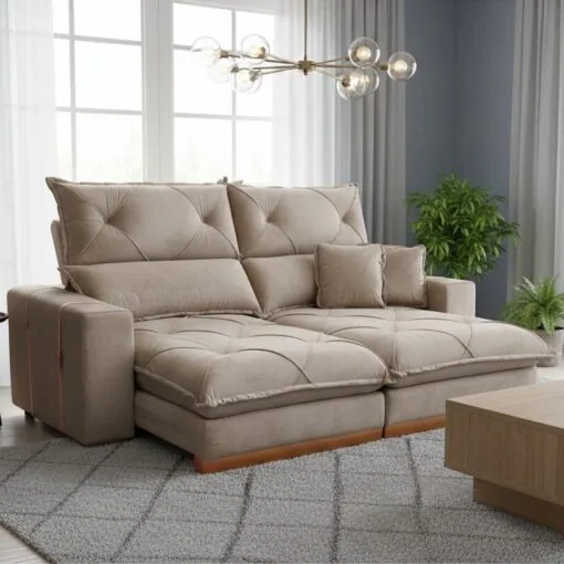 Sofa Retratil e Reclinavel Gran Bello Light 2,30 m Veludo Bege – QUINE ESTOFADOS