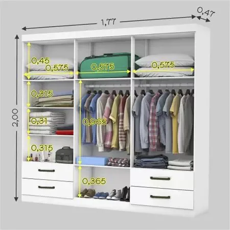Guarda-Roupa 6 Portas Hércules(Com espelho)1,77 m Branco – CARIOCA MÓVEIS