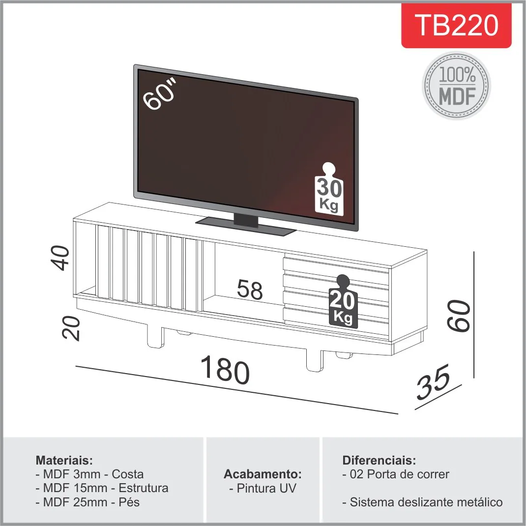 Rack até 60″ Vintage TB220 Off White/Freijó – DALLA COSTA
