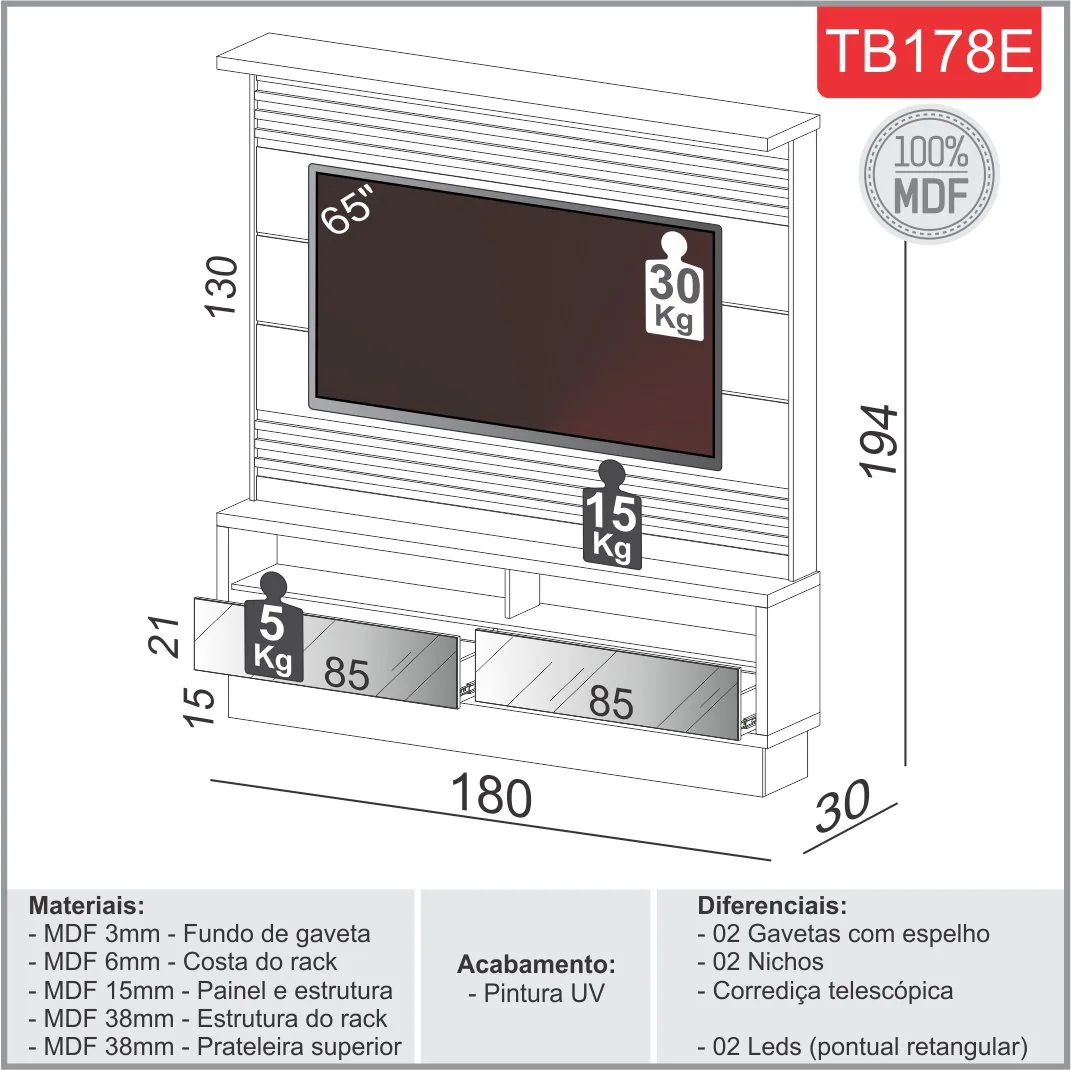 Home até 65″ Sara TB178E Off White/Freijó – DALLA COSTA