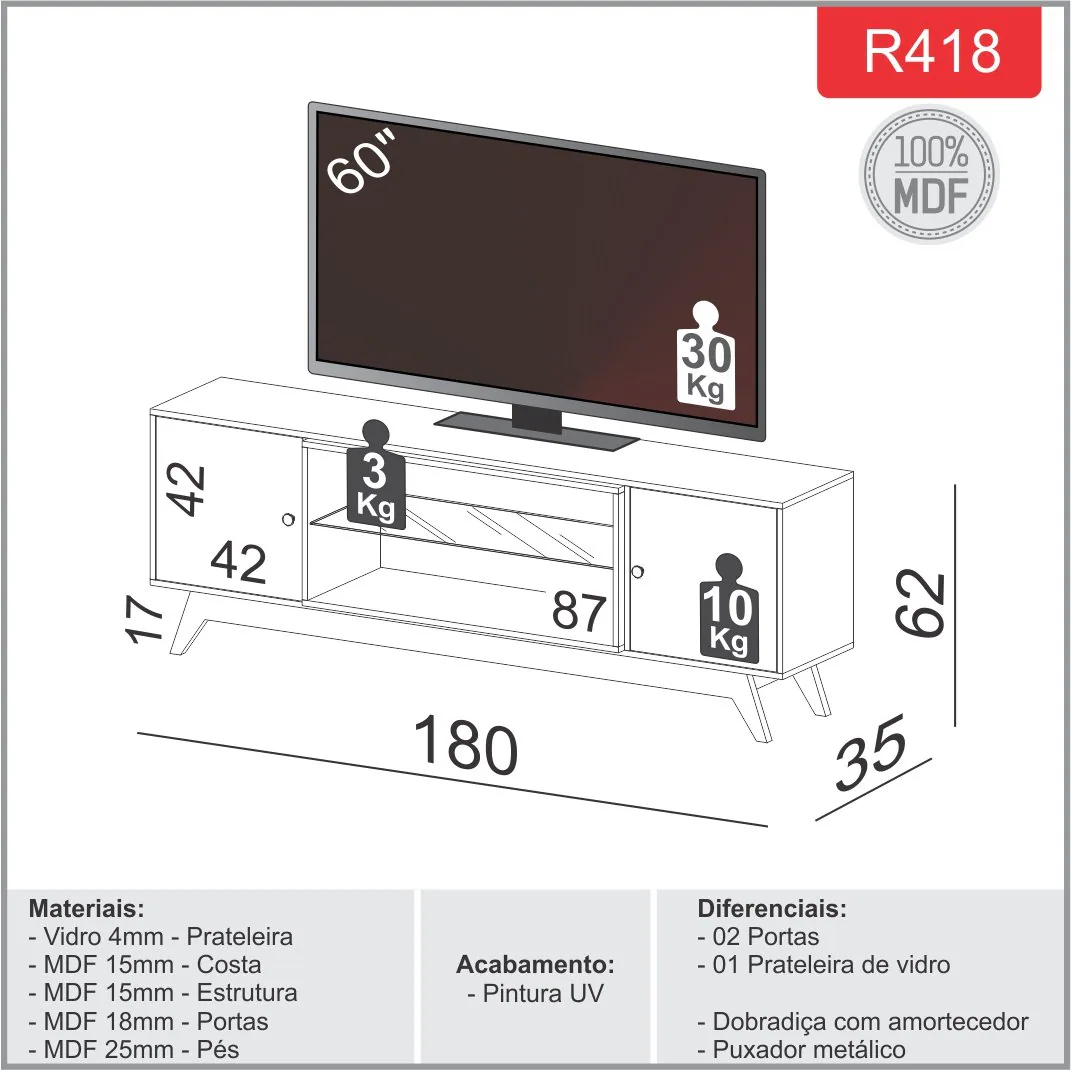 Rack até 60″ Thor R418 Off White/Freijó – DALLA COSTA
