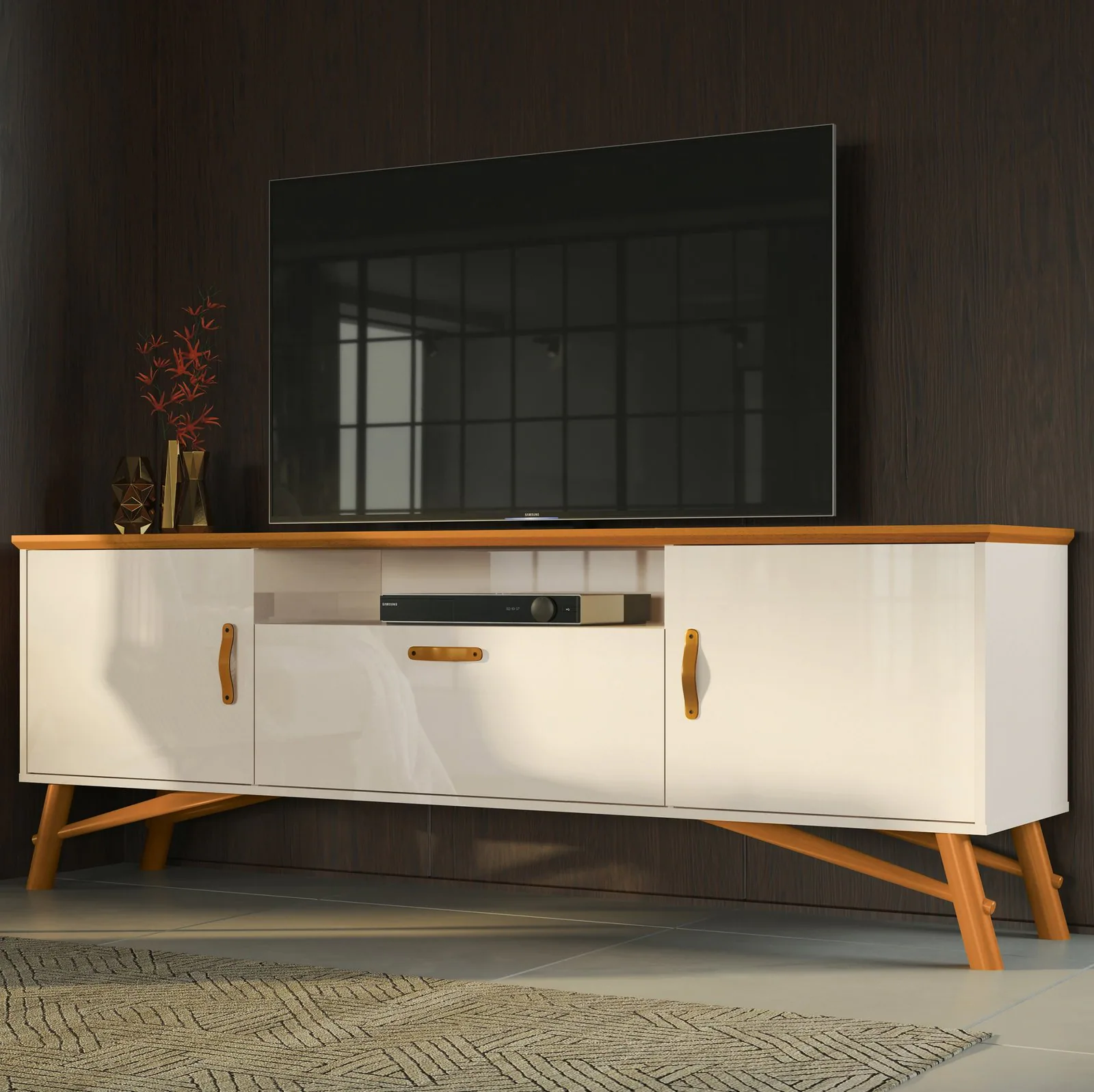 Rack até 75″ Felix Off White/Cedro Natural   – EDN MÓVEIS