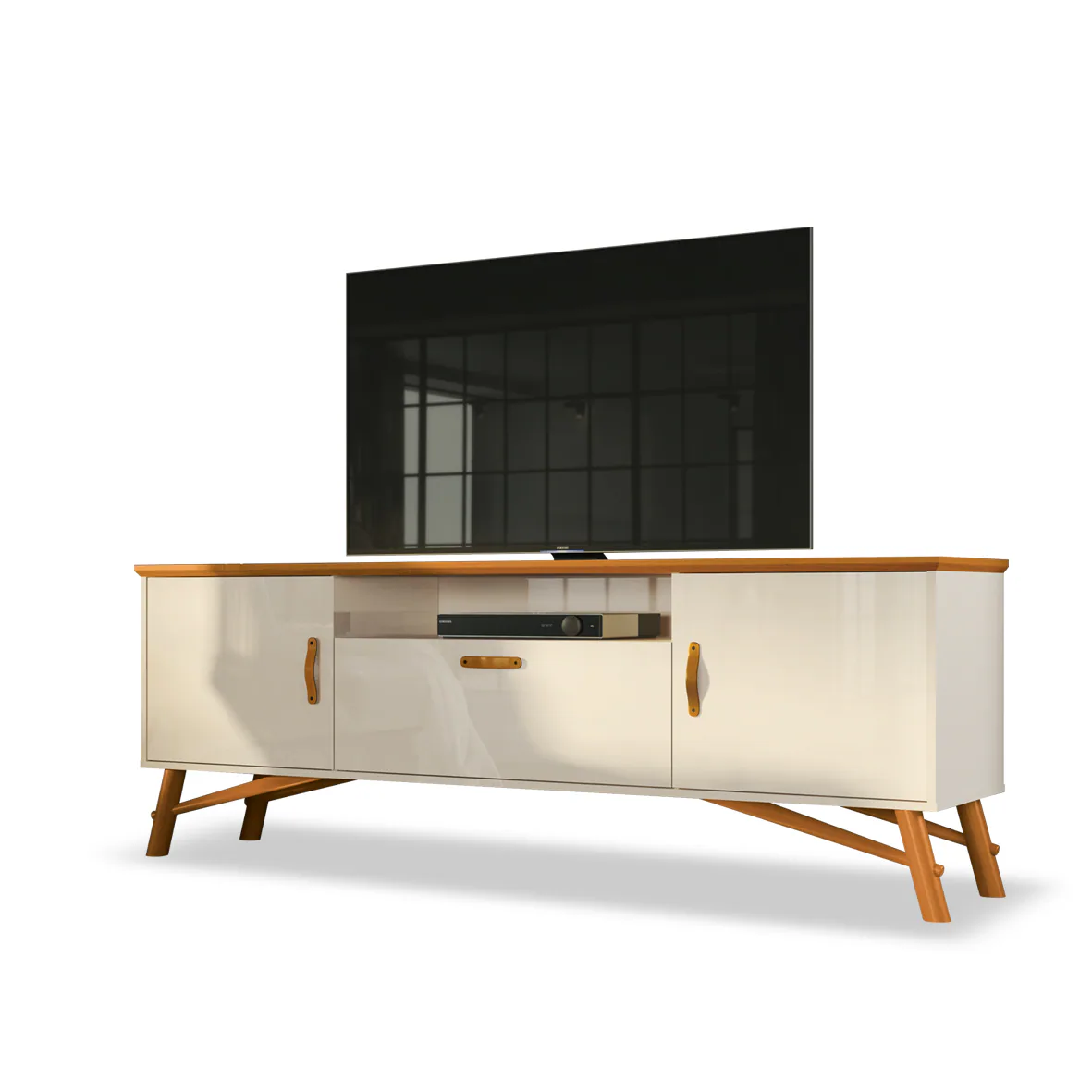 Rack até 75″ Felix Off White/Cedro Natural – EDN MÓVEIS