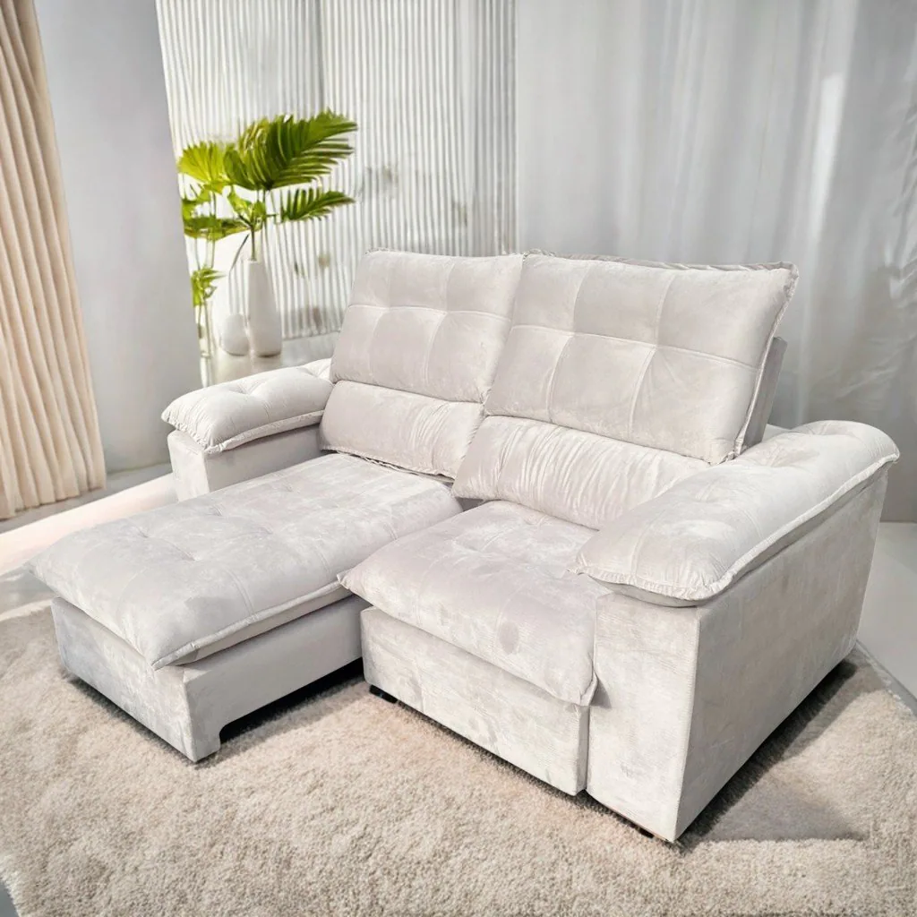 Sofá Retrátil e Reclinável Suíça 2,10 m Veludo Marfim – LEO DECOR