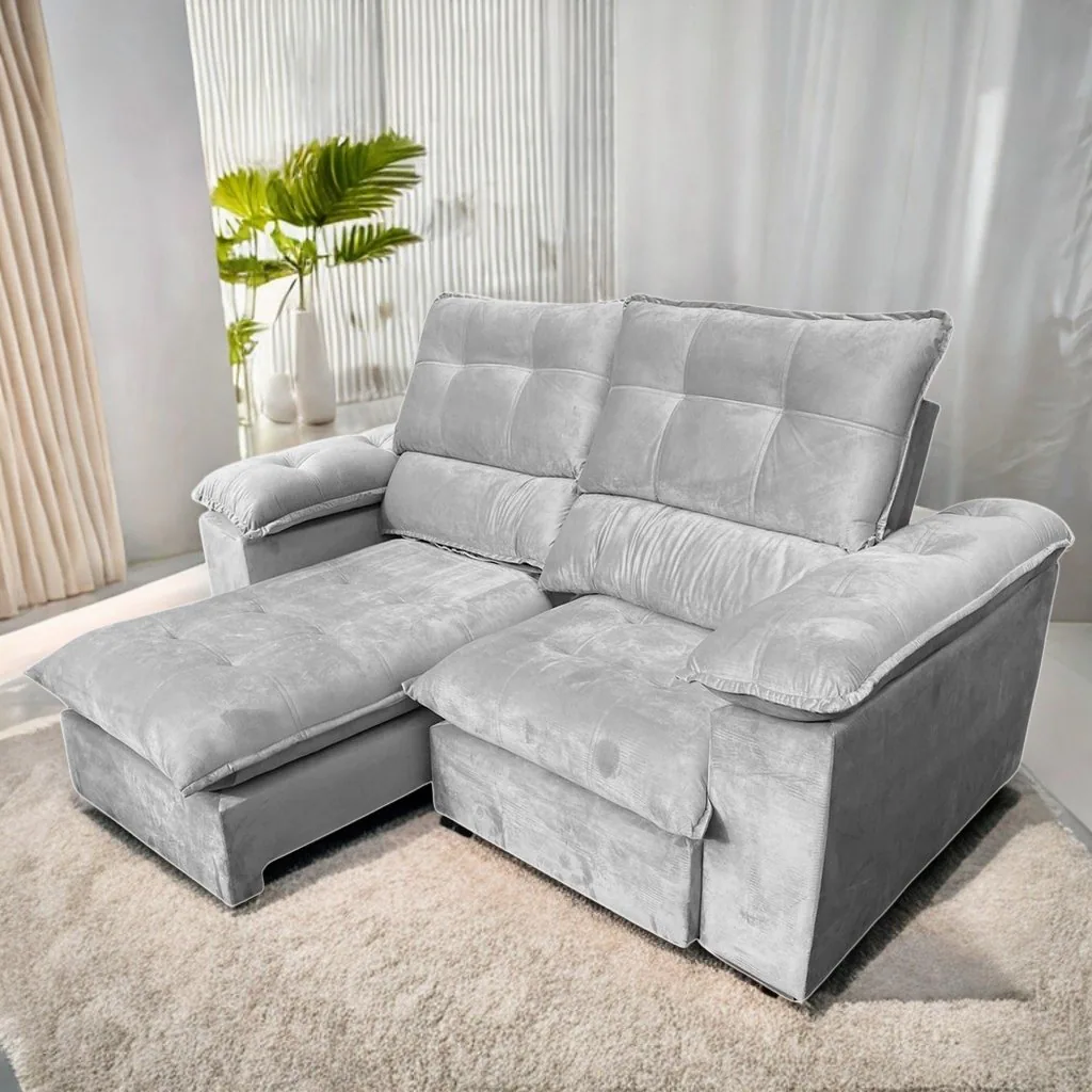 Sofá Retrátil e Reclinável Suíça 2,10 m Veludo Cinza Prata – LEO DECOR