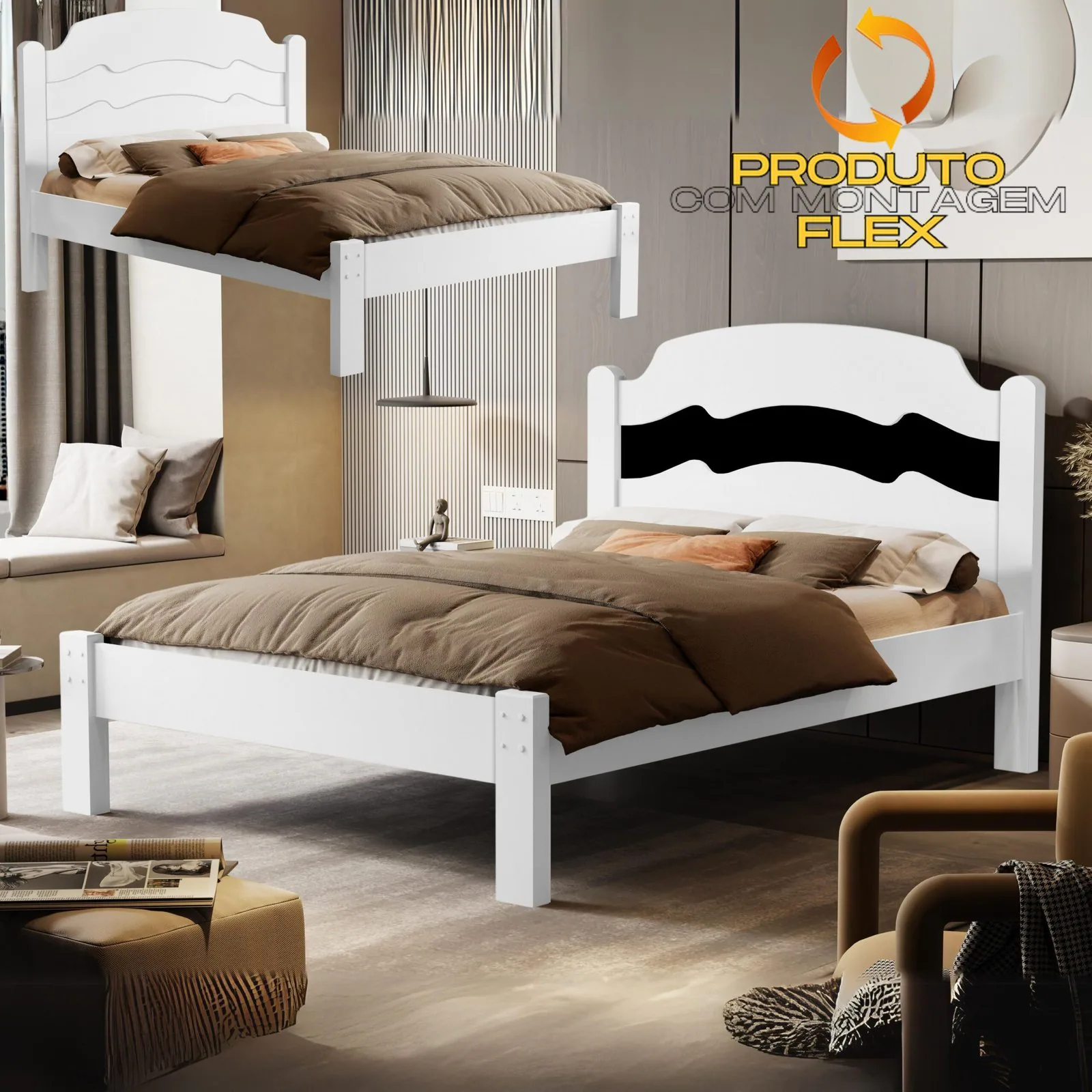 Cama Casal/Viúva Íris Branco/Preto/Branco – VJ MÓVEIS