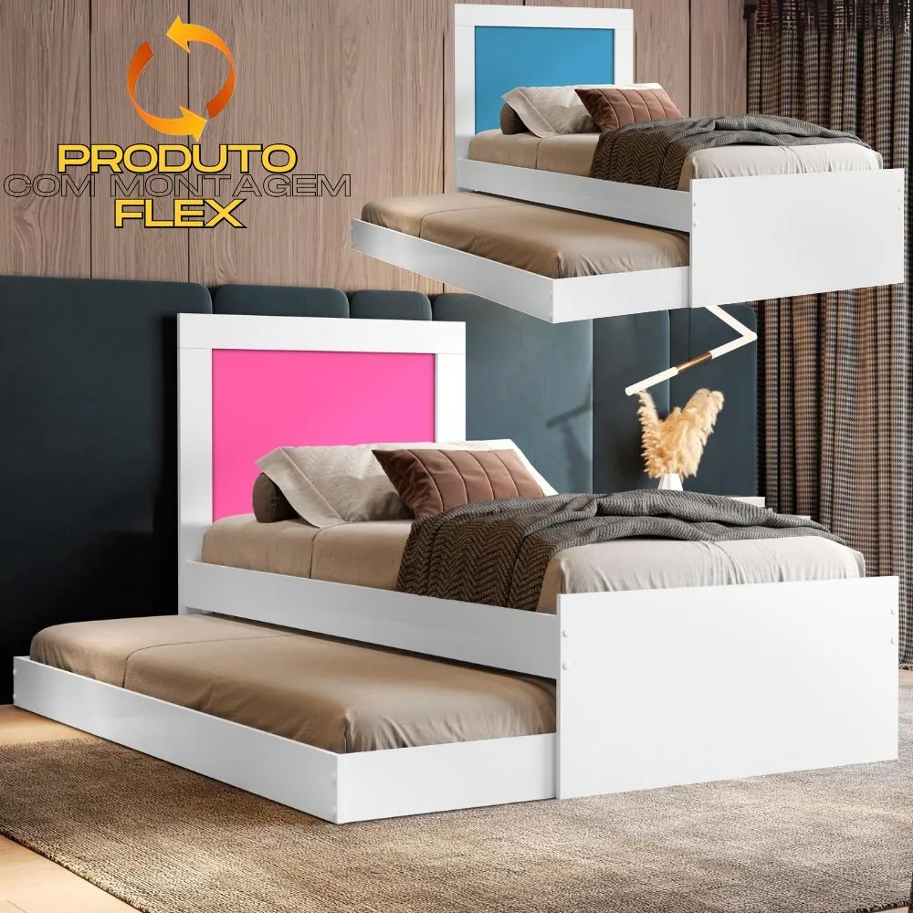 Bicama Solteiro Luara Branco/Rosa/Azul Flex – VJ MÓVEIS