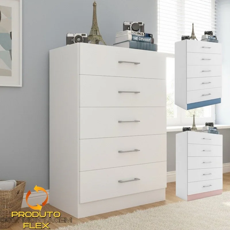 Cômoda 5 Gavetas Aruba Branco/Rosa/Azul Flex – FELLICCI