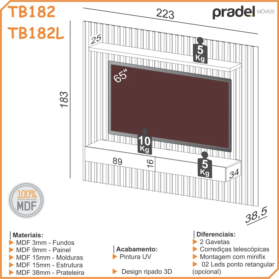 Painel Suspenso até 65″ TB182L Off White/Freijó – DALLA COSTA