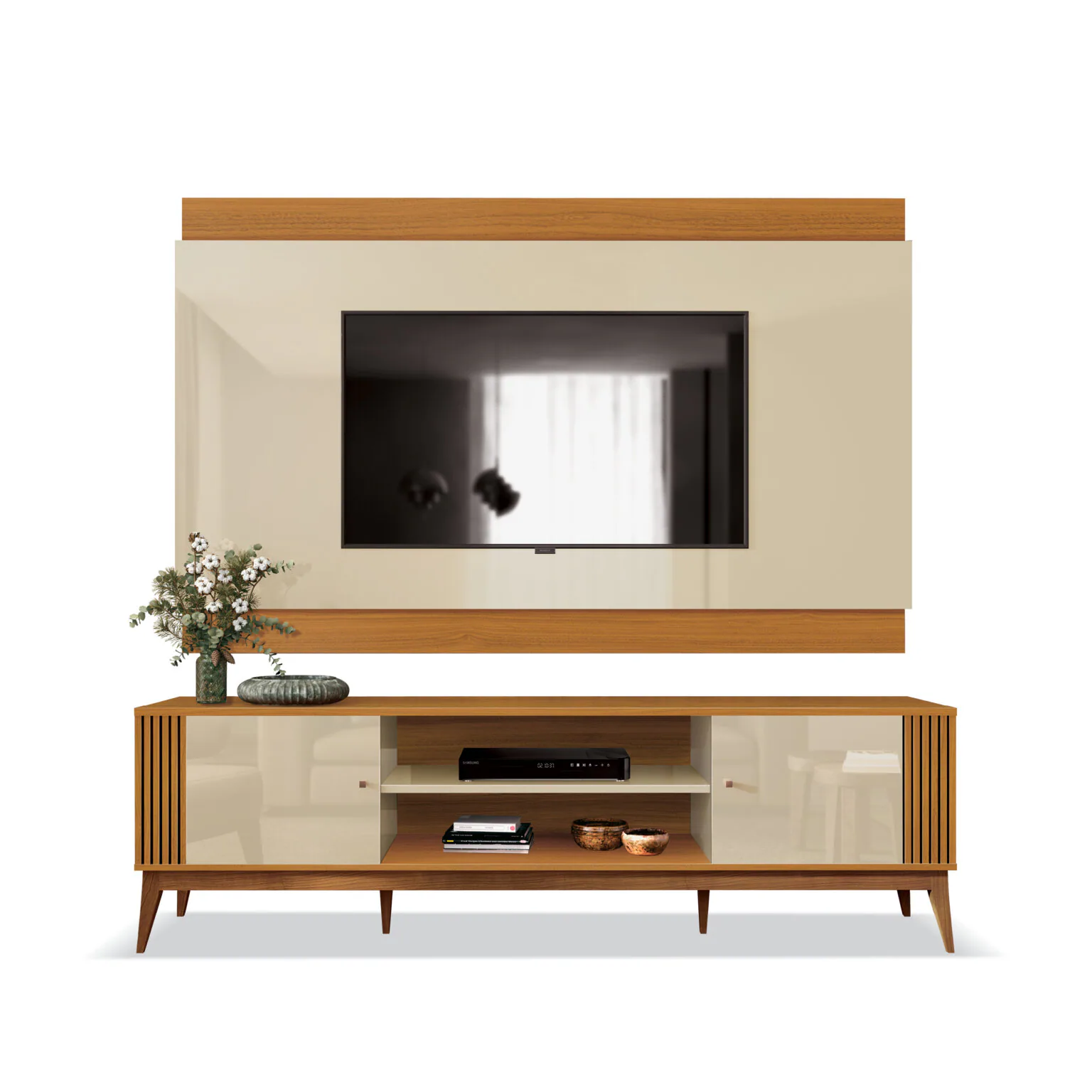 Painel + Rack até 75″ Legacy 2.0 Off White/Cedro Natural – EDN MÓVEIS