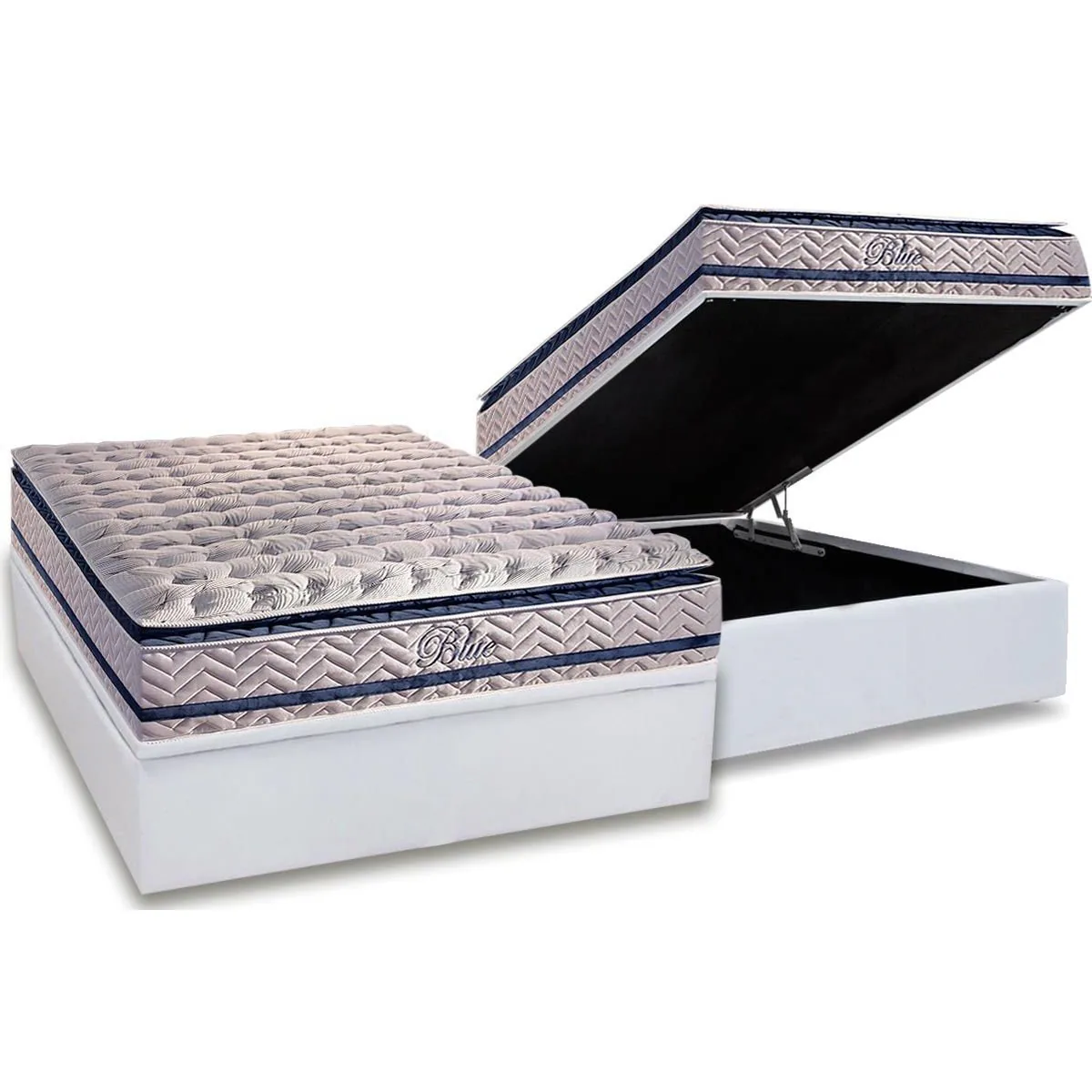 Colchão Casal Blue 32 cm H33 Molas Ensacadas + Base Baú Corino Branco – PAROPAS + ALTO NÍVEL