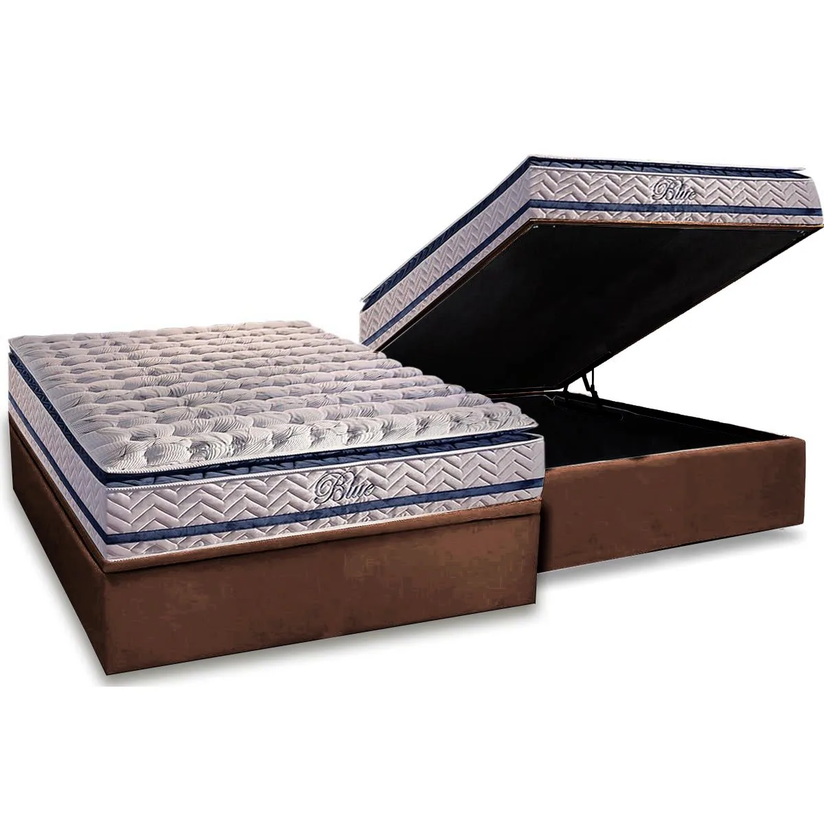 Colchão Casal Blue 32 cm H33 Molas Ensacadas + Base Baú Corino Marrom – PAROPAS + ALTO NÍVEL