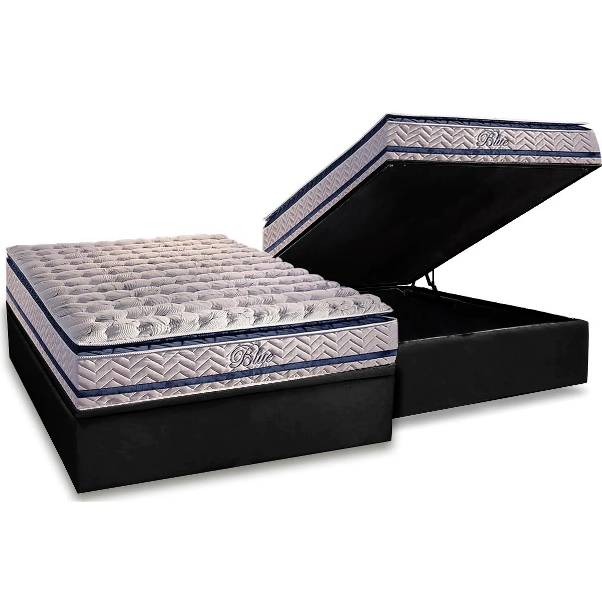 Colchão Casal Blue 32 cm H33 Molas Ensacadas + Base Baú Corino Preto – PAROPAS + ALTO NÍVEL