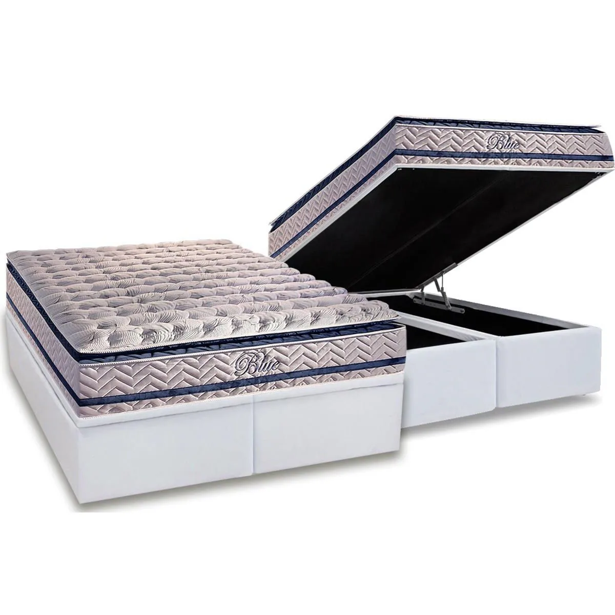 Colchão Queen Blue D33 + Base Box Baú Corino Branco – PAROPAS + ALTO NÍVEL CAMAS E COLCHÕES