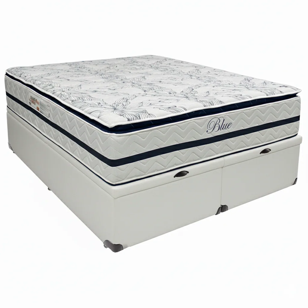 Colchão Queen Blue D33 + Base Box Baú Corino Branco – PAROPAS + ALTO NÍVEL CAMAS E COLCHÕES