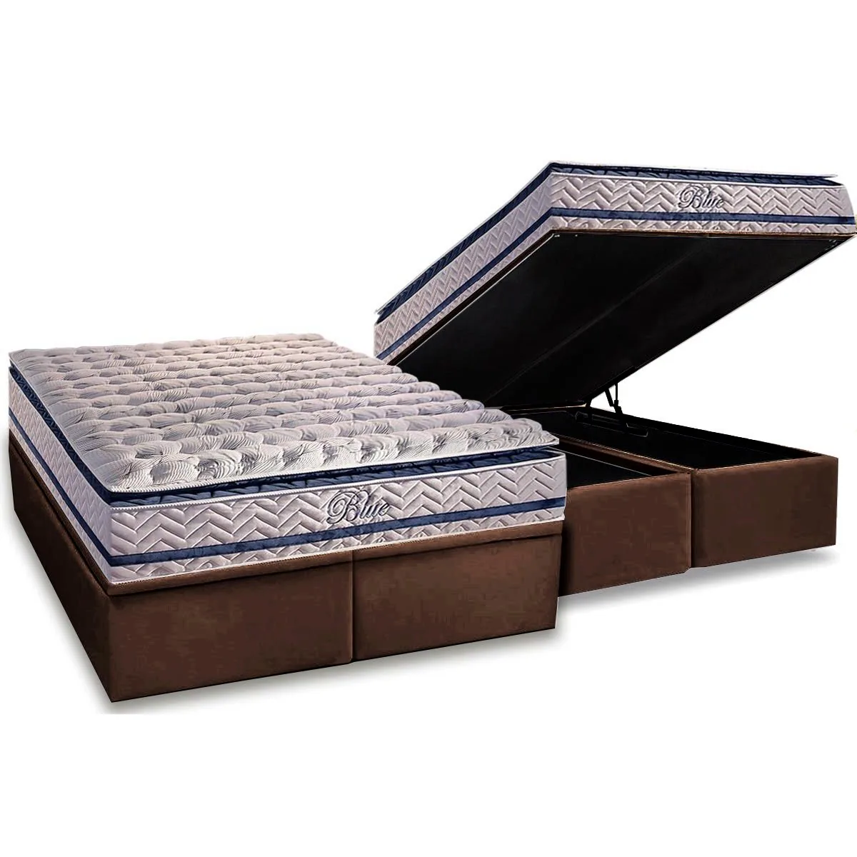 Colchão Queen Blue D33 + Base Box Baú Corino Marrom – PAROPAS + ALTO NÍVEL CAMAS E COLCHÕES