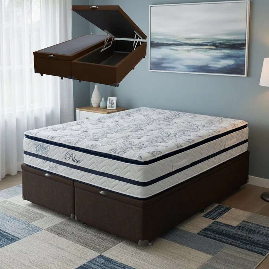 Colchão Queen Blue D33 + Base Box Baú Corino Marrom – PAROPAS + ALTO NÍVEL CAMAS E COLCHÕES