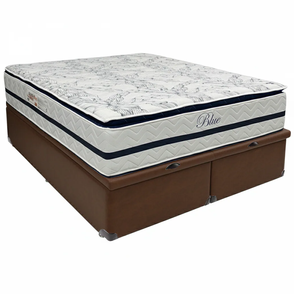 Colchão Queen Blue D33 + Base Box Baú Corino Marrom – PAROPAS + ALTO NÍVEL CAMAS E COLCHÕES