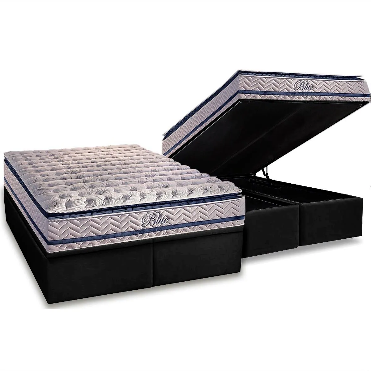 Colchão Queen Blue D33 + Base Box Baú Corino Preto – PAROPAS + ALTO NÍVEL CAMAS E COLCHÕES