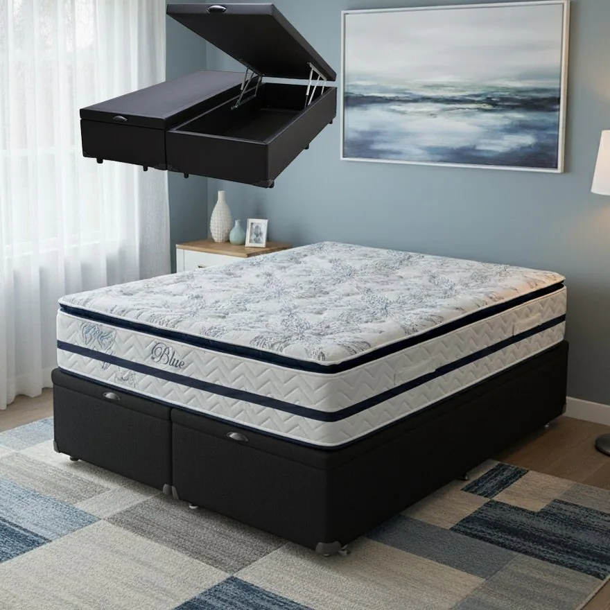 Colchão Queen Blue D33 + Base Box Baú Corino Preto – PAROPAS + ALTO NÍVEL CAMAS E COLCHÕES