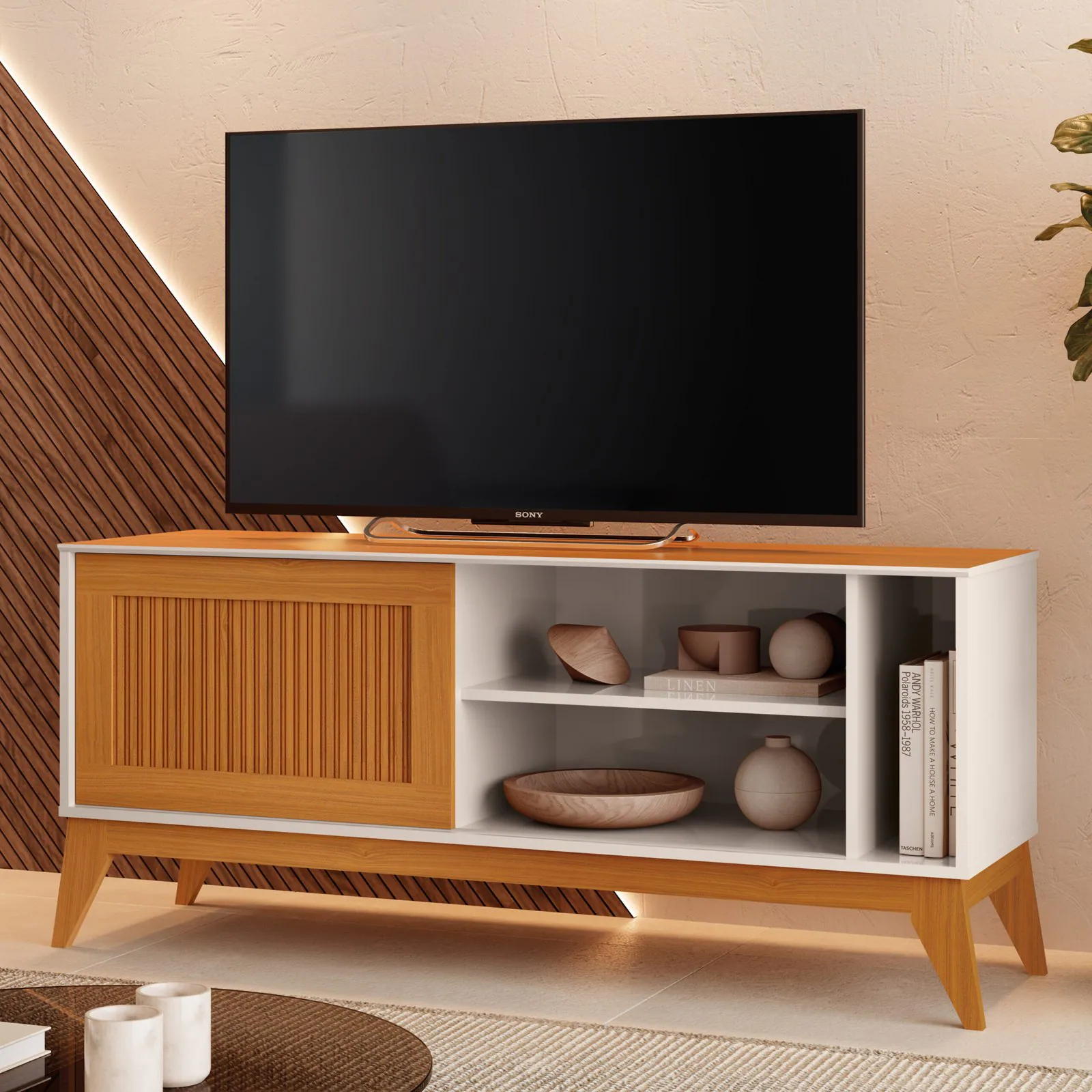 Rack até 55″ Aruba Off White/Cedro – EDN MÓVEIS