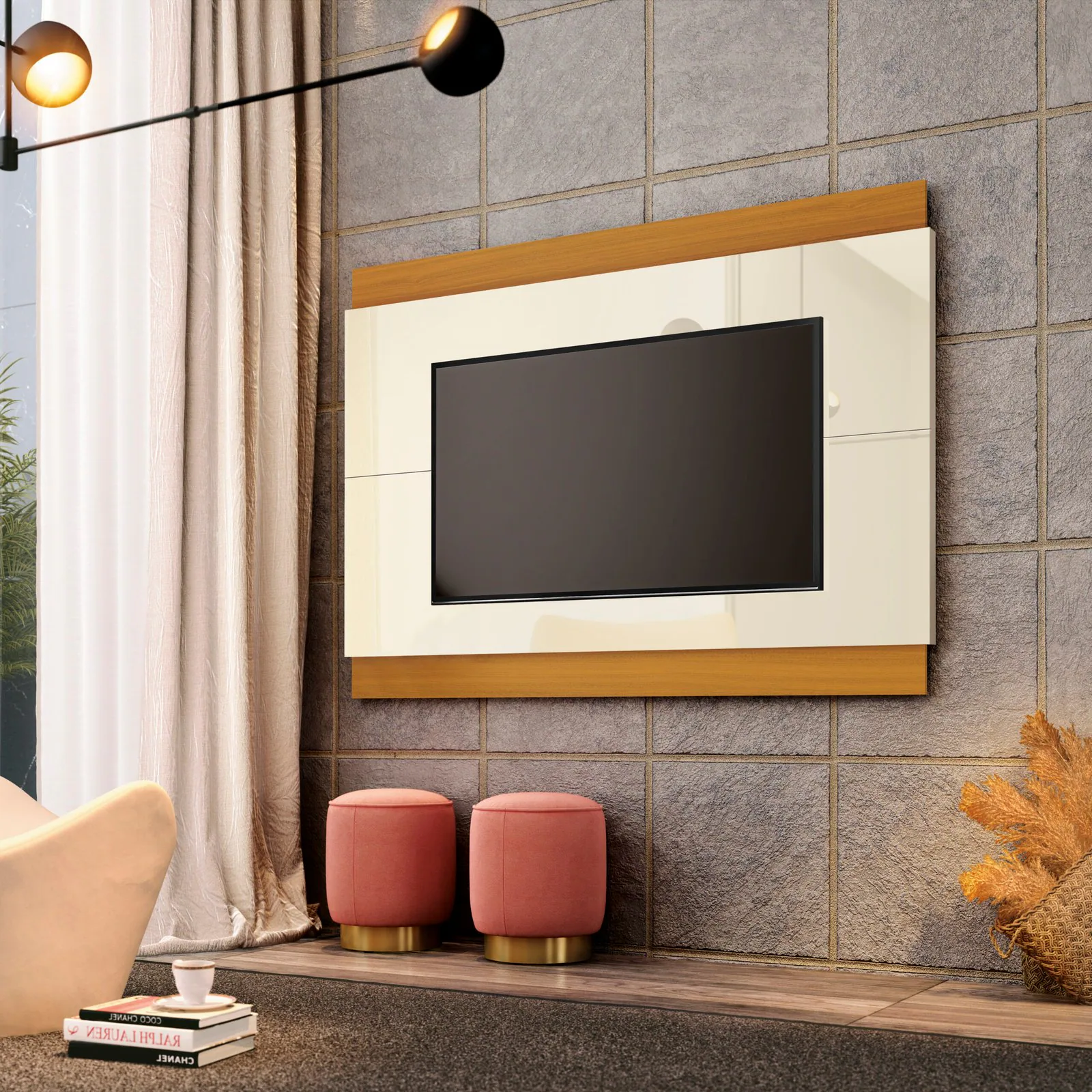 Painel até 60″ Legacy 1.6 Off White/Cedro Natural – EDN MÓVEIS