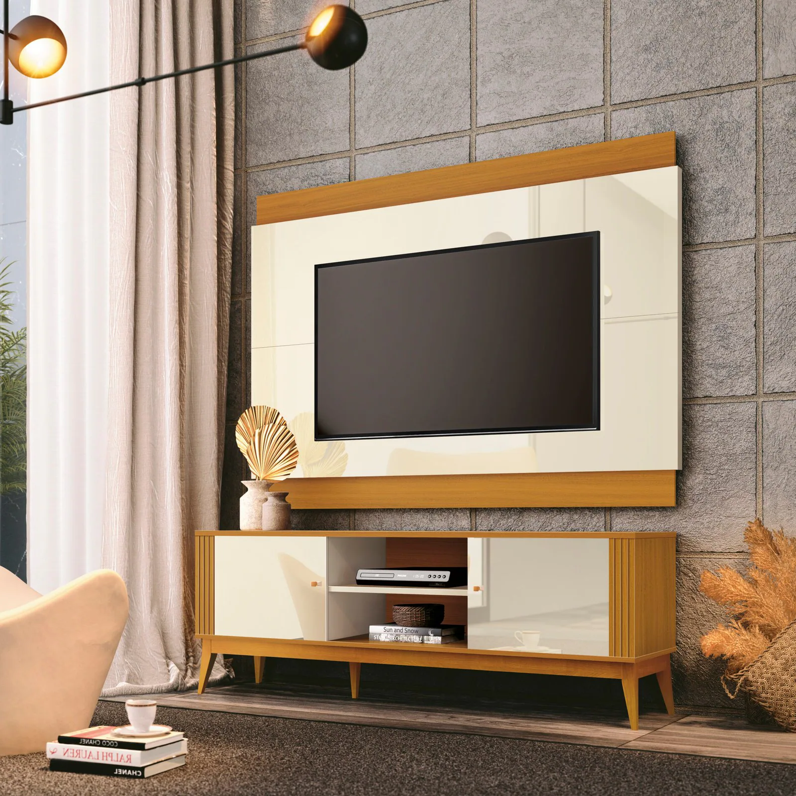 Painel + Rack até 60″ Legacy 1.6 Off White/Cedro Natural – EDN MÓVEIS