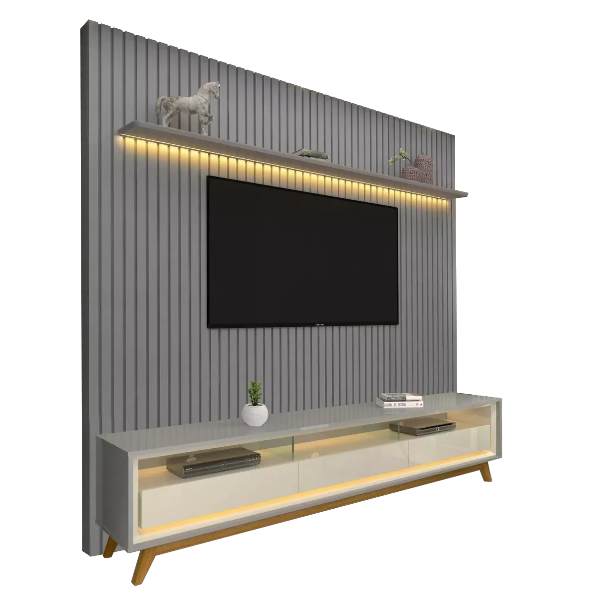 Painel até 85″ Nobre 230 Cinza + Rack Requinte 212 Cinza/Off White – GELIUS