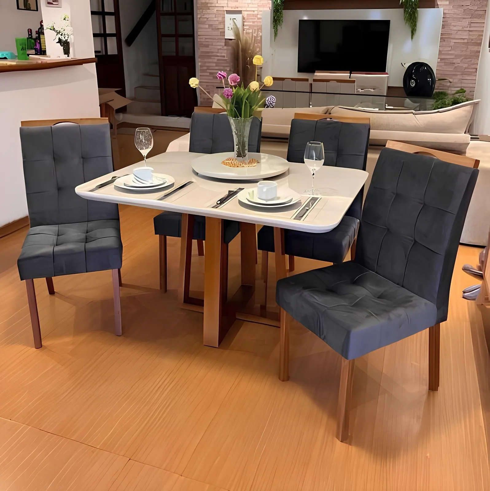 Mesa Pedro 120 Mel/Off White com 4 Cadeiras Sophia Veludo Cinza Grafite – ART ASSENTOS + WM DECOR
