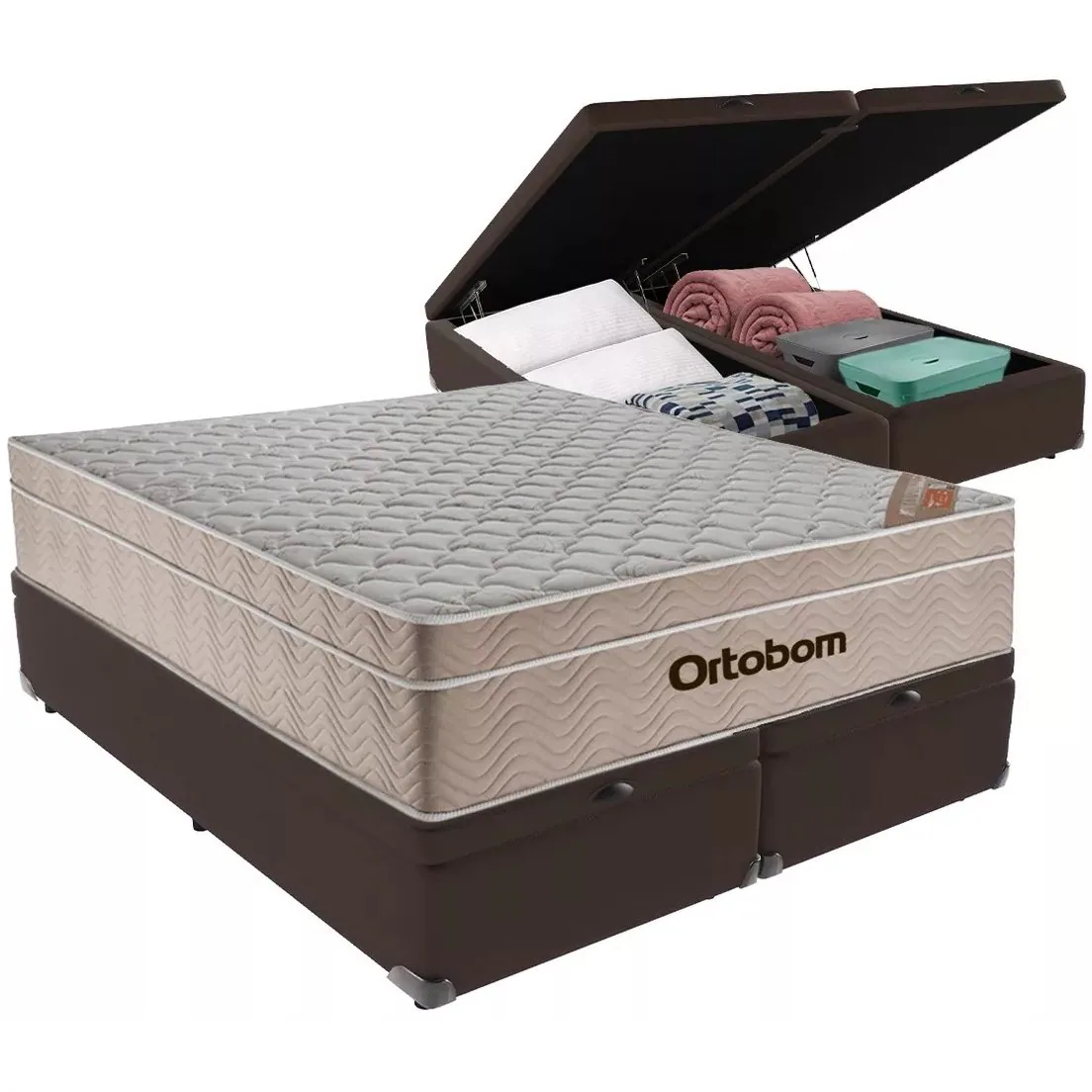 Colchão Queen Airtech Springpocket 25 cm D26 Molas Ensacadas + Base Baú Corino Marrom – ORTOBOM + ALTO NÍVEL